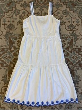 J. Crew Embroidered Scalloped Hem Tiered  Midi Dress Size 8 Wide Strap White